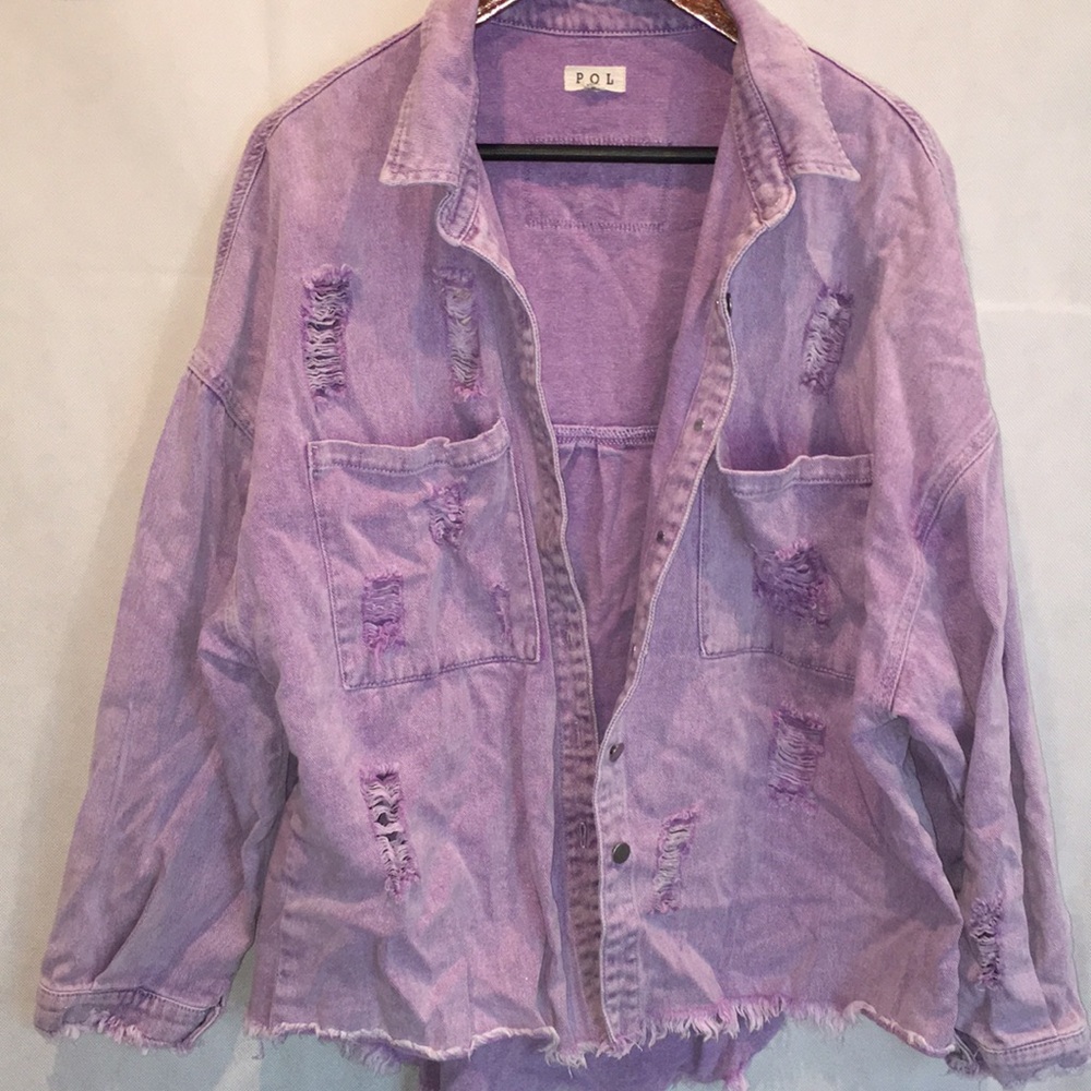 POL Distressed Lavender Denim Jacket – Oversized Shacket, Women’s L